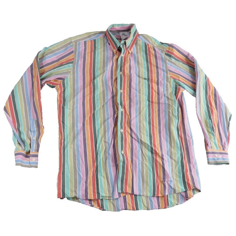 VTG Lacoste Shirt Mens 42 Large L Multicolor Vertical Stripe Button Down Cotton
